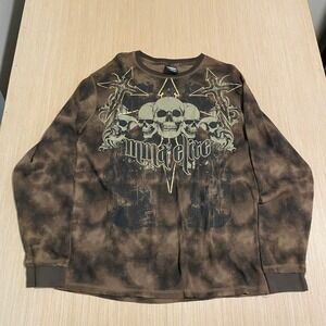 MMA Elite Mens XL Brown Tie Dye Skull Graphic Waffle Knit Thermal Long Sleeve